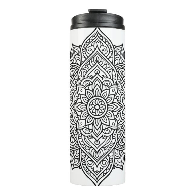 Komplexe schwarze Linien-Mandala-Kunst Thermosbecher (Vorderseite)