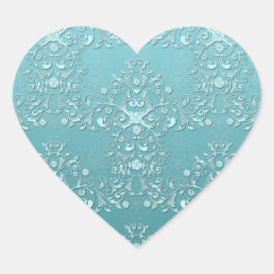 Komplexer Türkis-Blumen-Damask Herz-Aufkleber