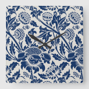 Komplexes blaues Blumenmuster auf hellem Hintergru Quadratische Wanduhr