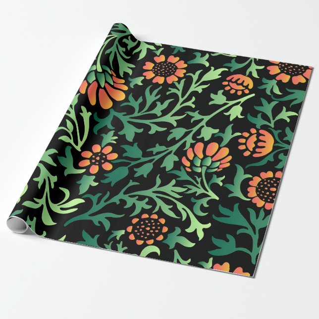 Komplexes Blumenmuster mit grünen Blättern Geschenkpapier (Ungerollt)