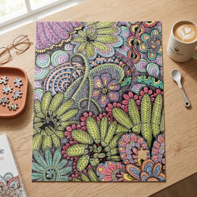 Komplexes farbenfrohes florales Doodle-Kunstmuster Puzzle (Von Creator hochgeladen)