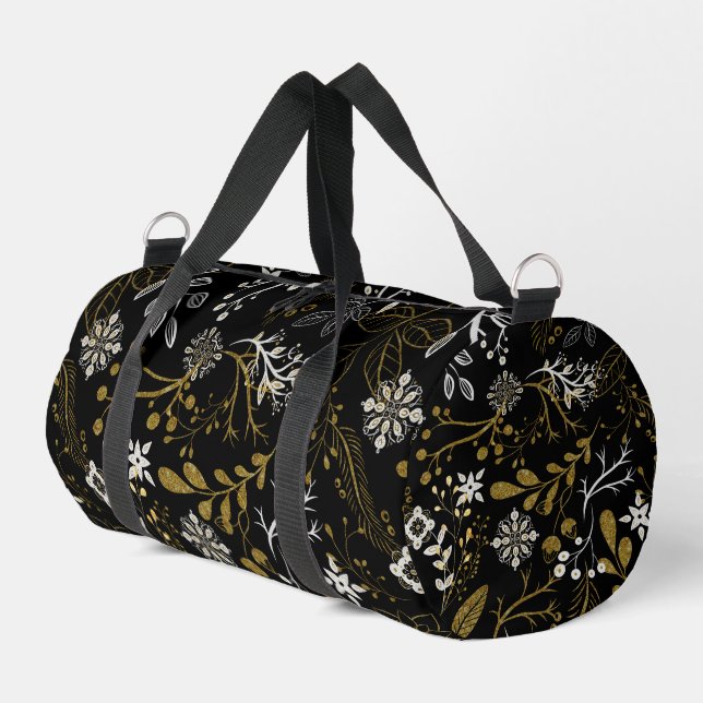 Komplexes florales Muster mit Gold und Weiß Duffle Bag (Linke Seite)