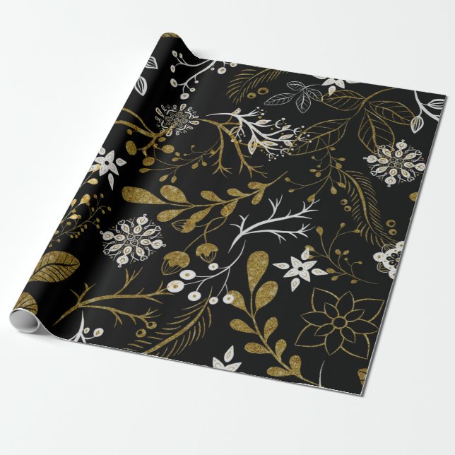 Komplexes florales Muster mit Gold und Weiß  Geschenkpapier (Ungerollt)