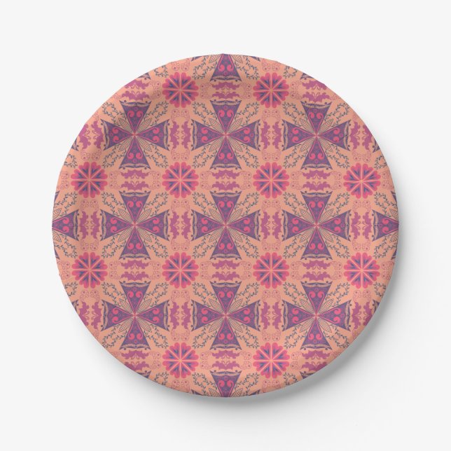 komplexes geometrisches Muster in rosa und violett Pappteller (Vorderseite)