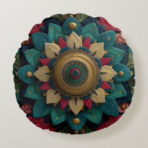 Komplexes texturiertes florales Mandala in Türkis Rundes Kissen