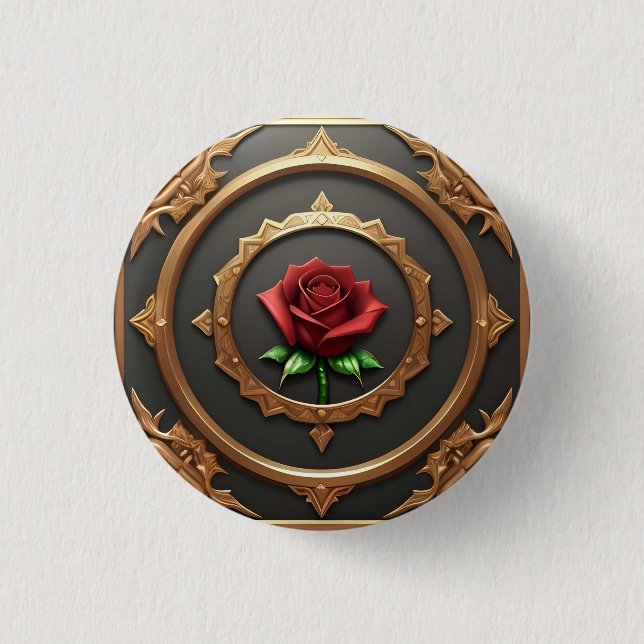 Komplizierter goldener Rahmen mit roter Rose Button (Vorderseite)