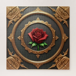 Komplizierter goldener Rahmen mit roter Rose Puzzle