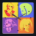 Komponist-Pop-Kunst-Musik-Uhr Quadratische Wanduhr<br><div class="desc">Hängen Sie diese ultra coole popart Kunst-Musikuhr, die Silhouetten von Brahms, von Mozart, Beethoven und von Bach in einem Büro, im Musikraum, in der Höhle oder in anderem Raum in Ihrem Zuhause kennzeichnet. Große Geschenkidee für einen Musiklehrer.</div>