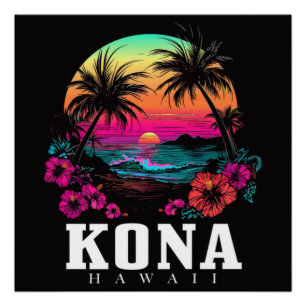 Kona Hawaii hawaiianische Hibiskusblumen Surfer Poster