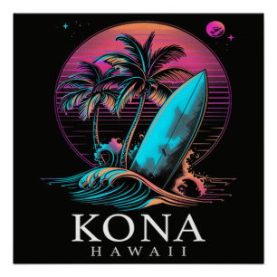 Kona Hawaii Hawaiianisches Surfbrett Vintage Poster