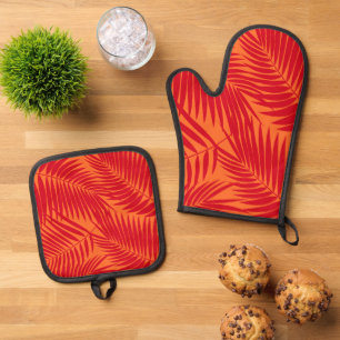 Kona Palms Hawaiian Tropical Leaf Red und Orange Ofenhandschuh & Topflappen-Set