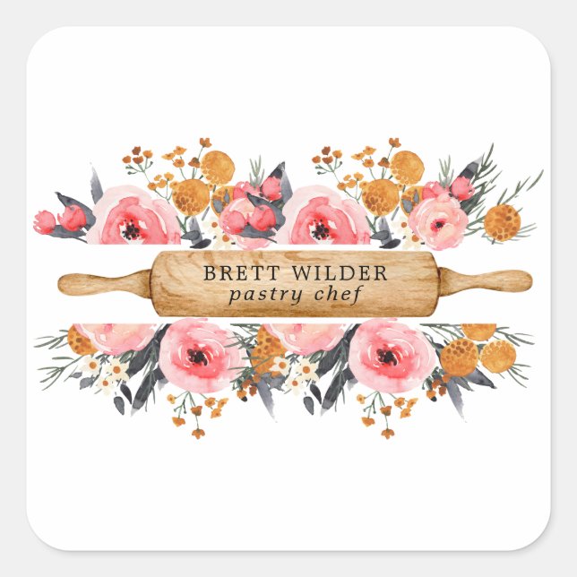Konditorei Koch Baker Rolling Button floral Quadratischer Aufkleber (Vorderseite)