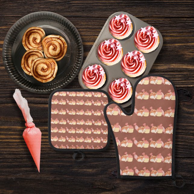 Konditorei, Zimtgebäck und Kuchen braun Ofenhandschuh & Topflappen-Set (Von Creator hochgeladen)
