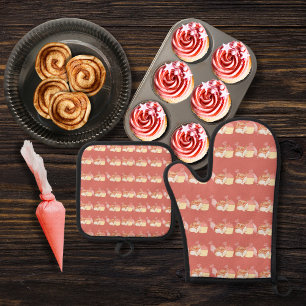Konditorei, Zimtgebüsen und Kuchen rosa Ofenhandschuh & Topflappen-Set