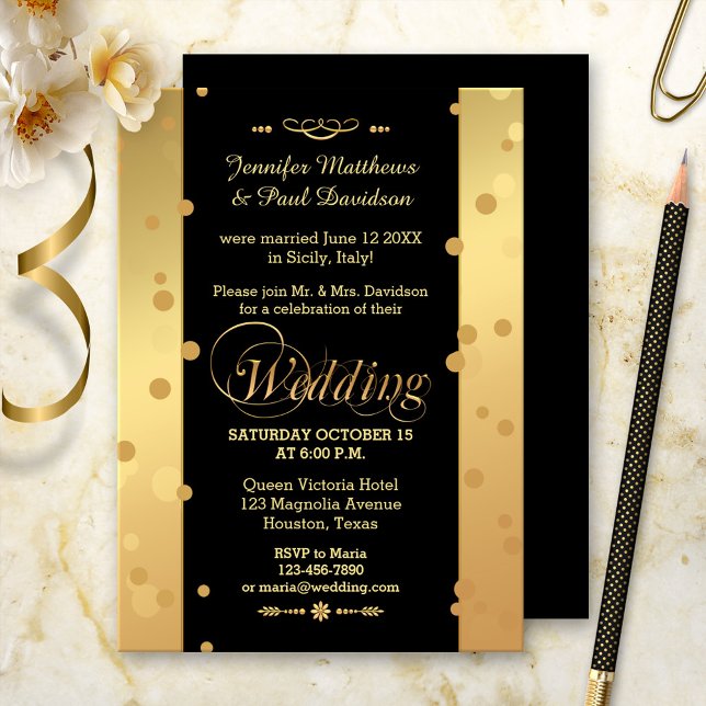 Konfetti-Elopement- oder Hochzeitsfeier-Einladung Einladung (Post wedding reception invitation in gold and black with festive confetti sparkles)