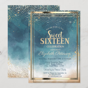 Konfetti Goldrahmen Aquarell-Spritzer Sweet 16 Einladung