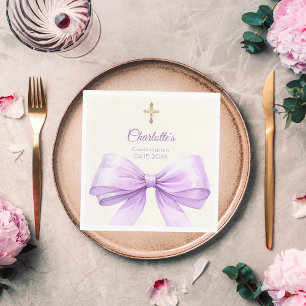 Konfirmation lila Schleife elfenbeinfarbenes Kreuz Serviette