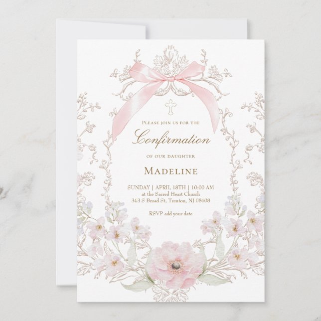 Konfirmation mit rosa Blumenrahmen Einladung (Vorderseite)