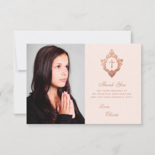 Konfirmation Pink Roségold Kreuz Wappen Mädchen Fo Dankeskarte