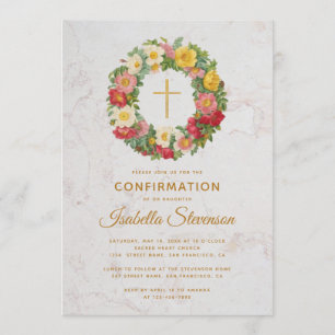 Konfirmation Rosenkranz Gold Kreuz Floral Marmor Einladung