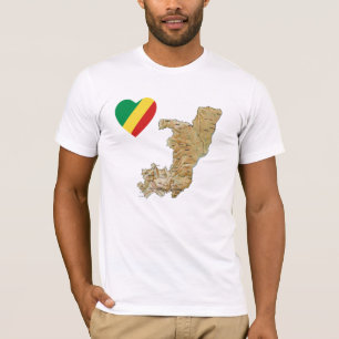 Kongo-Brazzaville Flaggen-Herz und Karten-T - T-Shirt