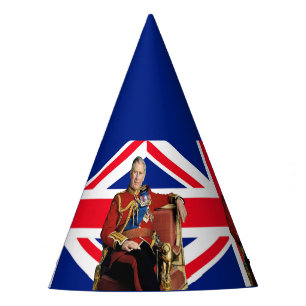 König Charles III mit britischer Flagge Partyhütchen