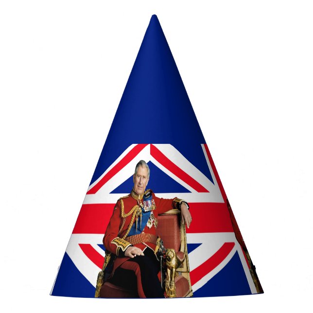 König Charles III. mit britischer Flagge Partyhütchen (Vorderseite)