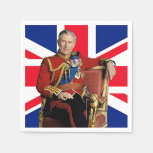 König Charles III mit britischer Flagge Serviette