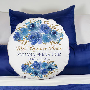 Königblaue Florale Goldblatt-Quinceanera-Erinnerun Rundes Kissen
