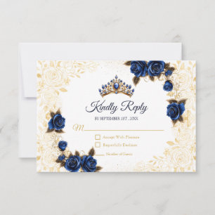 Königblaue goldene Tiara Blumenrose Quinceañera RSVP Karte