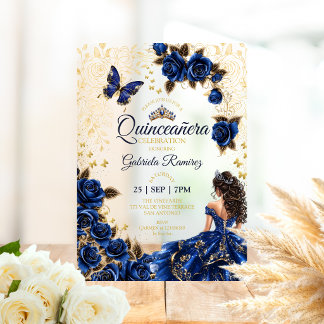 Königblaue Quinceañera Goldene Tiara Rosen  Acryleinladungen