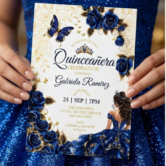 Königblaue Quinceañera Goldene Tiara Rosen  Einladung