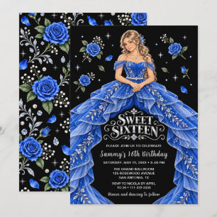 Königblaue Silberrose Sweet Sixteen Geburtstag Einladung