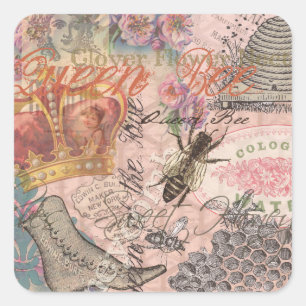 Königin Biene Vintage Schöne Collage Quadratischer Aufkleber