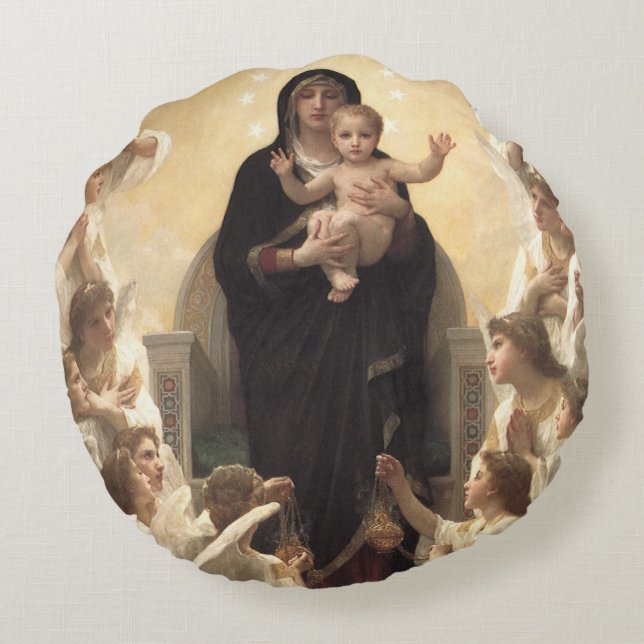 Königin der Engel Regina Angelorum von Bouguereau Rundes Kissen (Rückseite)