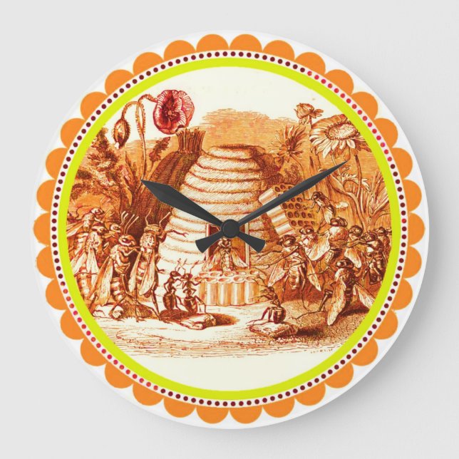 KÖNIGIN DER HONEY BIES IN SKEP/RINDFLEISCH Orange Große Wanduhr (Vorderseite)