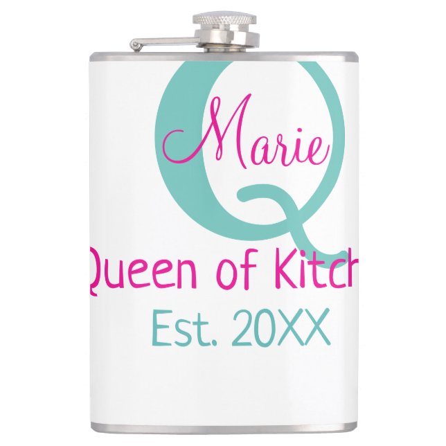 Königin der Küche monogramm grün rosa einfache min Flachmann (Vorderseite)