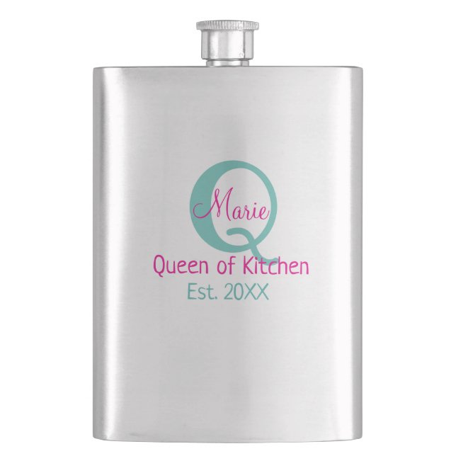 Königin der Küche monogramm grün rosa einfache min Flachmann (Vorderseite)