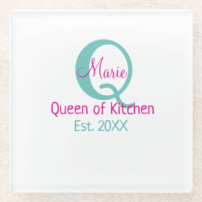 Königin der Küche monogramm grün rosa einfache min Glasuntersetzer (Vorderseite)