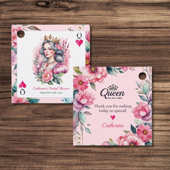 Königin des Herzens Kartenspielen Rosa Brautparty Geschenkanhänger (Top view queen of hearts bridal shower watercolor pink floral vintage playing card Favor Tag)