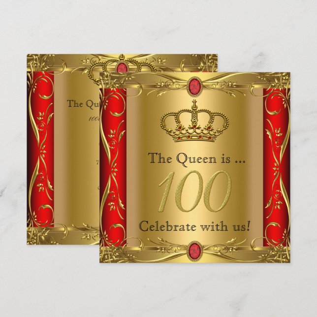 Königin oder König Regal Red Gold 100. Geburtstags Einladung (Vorne/Hinten)