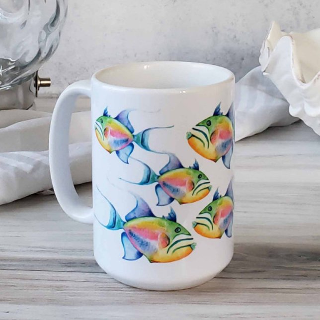 Königin Triggerfish Tropischer Fisch Wasserfarben  Kaffeetasse (Beach-themed coffee mugs feature ocean inspired tropical fish art by Victoria Grigaliunas)