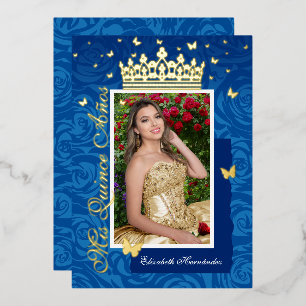 Königlich Blau Elegante Foto Quinceañera Gold Folieneinladung