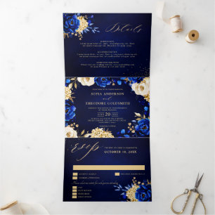 Königlich Blau Gelb Gold Metallische Florale Hochz Dreifach Gefaltete Ankündigung