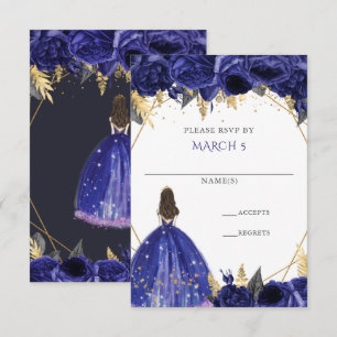 Königlich Blau Gold Blumen Prinzessin Quinceanera RSVP Karte