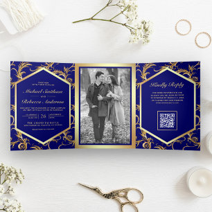 Königlich Blau Gold Schwung Foto QR Code Hochzeit Dreifach Gefaltete Einladung