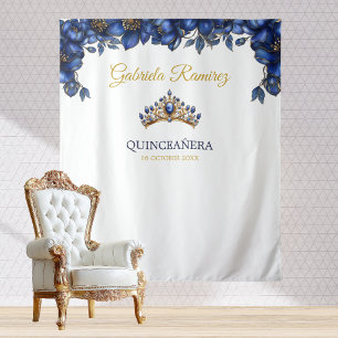 Königlich Blau Goldene Florale Quinceañera-Kulisse Wandteppich