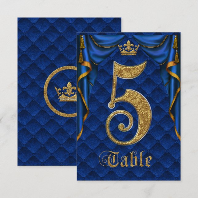Königlich Blau Goldene Krone Hochzeit Tisch Nummer Einladung (Vorne/Hinten)