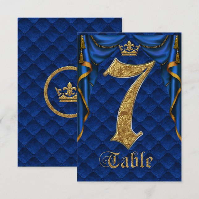 Königlich Blau Goldene Krone Hochzeit Tisch Nummer Einladung (Vorne/Hinten)