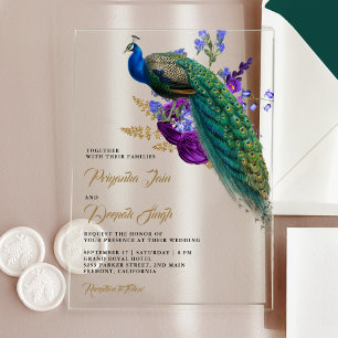 Königlich Blau Lila Blumen Indien Pfau Hochzeit Acryleinladungen
